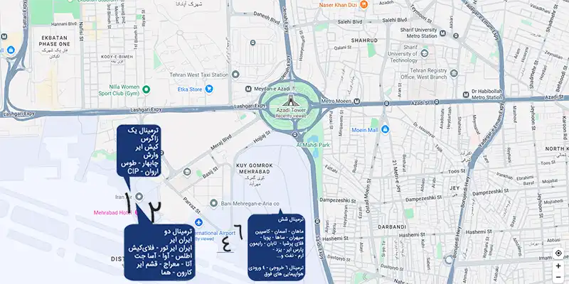 نقشه دسترسی فرودگاه مهرآباد از میدان آزادی و محل قرارگیری ترمینال‌های ۱، ۲، ۴ و ۶